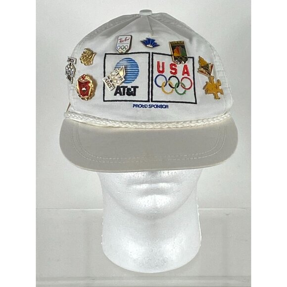 VTG 1992 USA Olympics AT&T Embroidered Strapback Hat Cap with Pins White OS F231 - Picture 1 of 8
